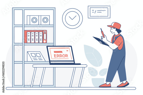 Technician diagnosing a computer error in a modern office space during working hours