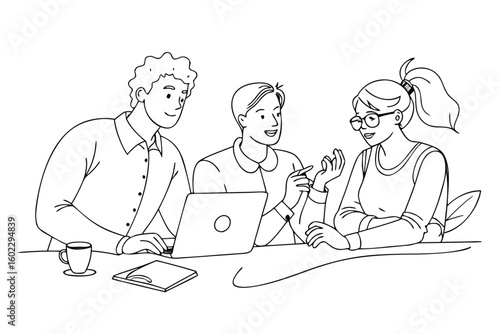 Group of three individuals engaged in a collaborative discussion around a laptop in a modern workspace setting during the day