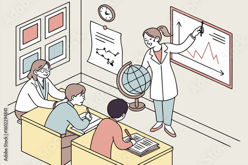 Engaging science lesson with globe and chart presented by teacher in classroom during school day