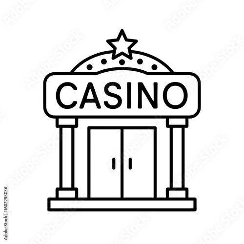 Casino entrance building icon in outline style black and white representing gaming venue