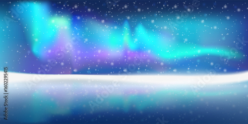 Night in the north forest with snowfall and beautiful aurora reflecting on the frozen lake, winter background illustration
