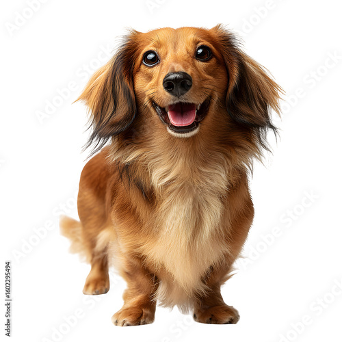 Long-haired Dachshund dog smiling and  friendly expression and  standing pose with visible coat texture and  isolated white background Batch  realistic clean bright simple modern stock image isolated 
