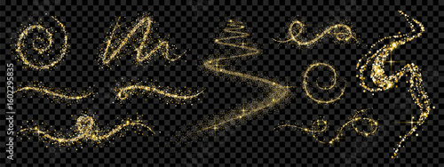 Festive gold glitter dust and stardust swirls. Vector design elements with magical sparkles for New Year and Christmas designs.