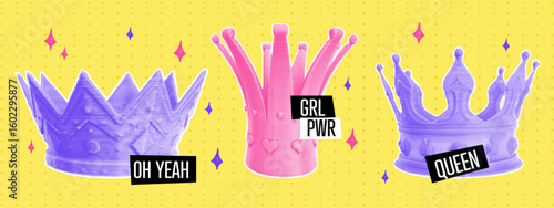 Colorful halftone crown collage set. Punk style elements with dotted texture and doodle shapes. Vector pop art illustration.