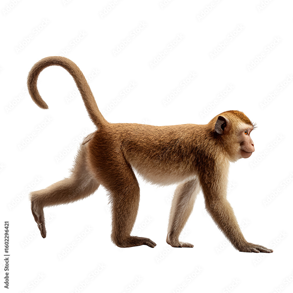 Fototapeta premium Macaque monkey walking with tail up and side profile animal study and realistic primate anatomy and isolated white background Batch realistic clean bright simple modern stock image isolated on pla