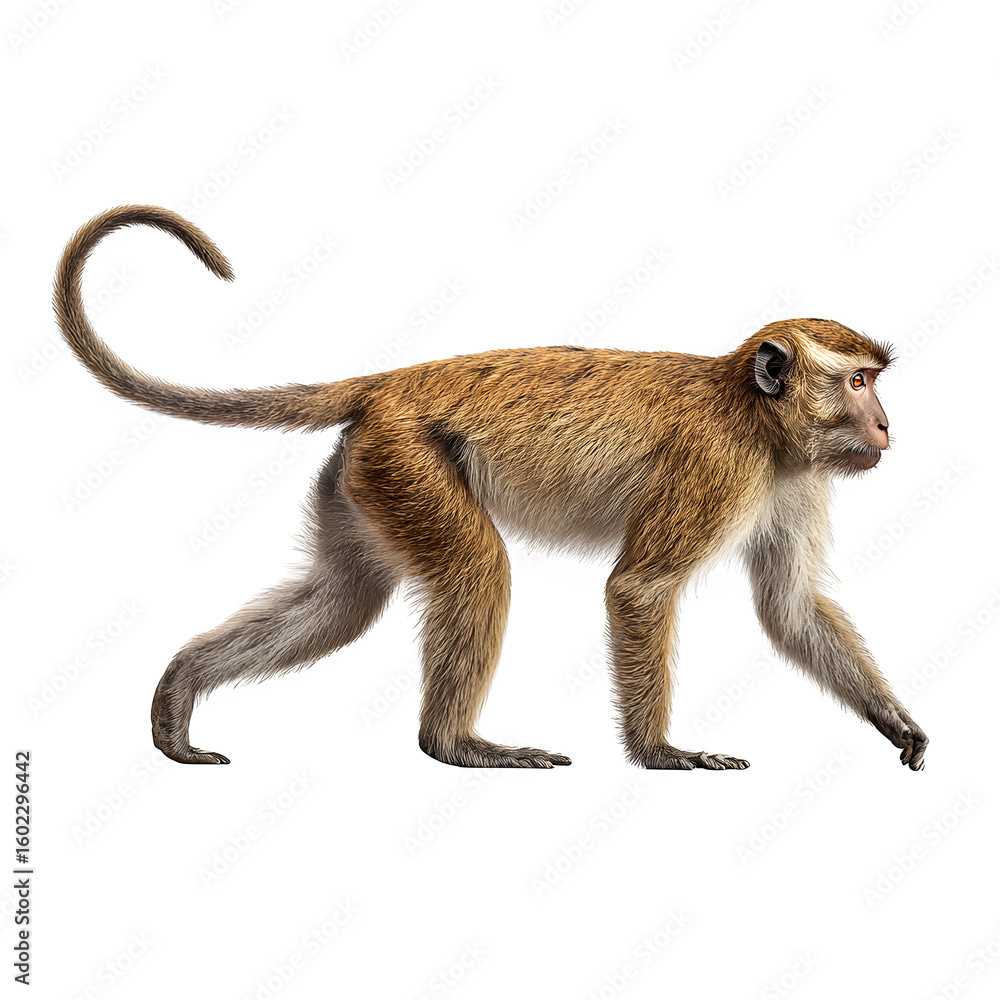 Fototapeta premium Macaque monkey walking with tail up and side profile animal study and realistic primate anatomy and isolated white background Batch realistic clean bright simple modern stock image isolated on pla