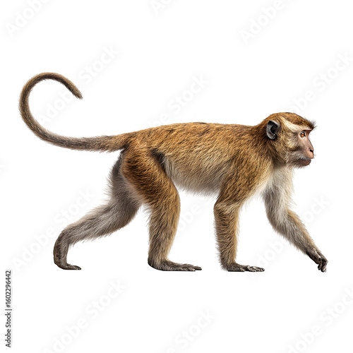 Macaque monkey walking with tail up and  side profile animal study and  realistic primate anatomy and  isolated white background Batch  realistic clean bright simple modern stock image isolated on pla