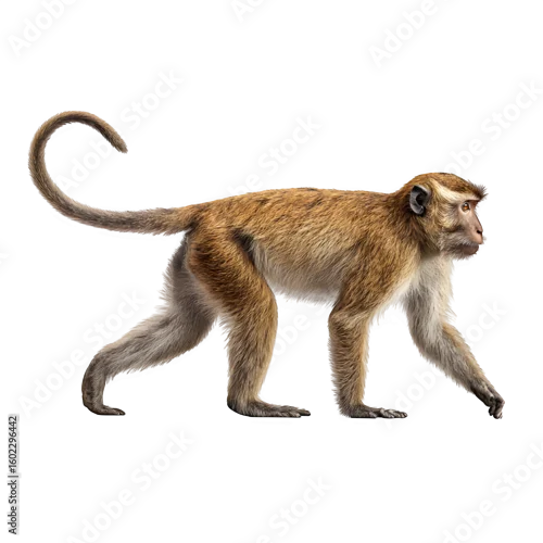 Naklejka na ścianę Macaque monkey walking with tail up and  side profile animal study and  realistic primate anatomy and  isolated white background Batch  realistic clean bright simple modern stock image isolated on pla