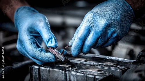 Mechanic showing damaged battery connector due to long exposure to moisture