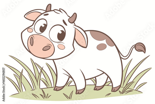 Happy cartoon cow standing in green grass with a cheerful expression in a bright and playful illustration