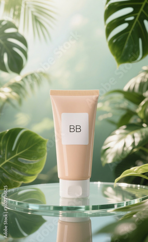 Skincare product mockup featuring a blemish balm tube on a glass display against a lush, tropical leaf background