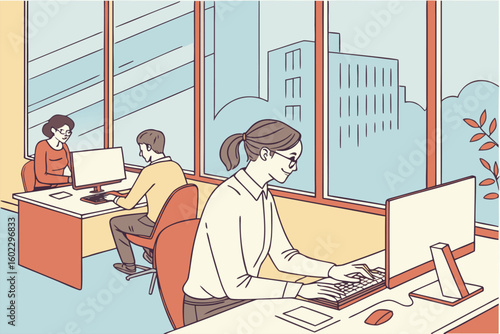 Office workers collaborating in a modern workspace with large windows showcasing an urban view during daytime hours