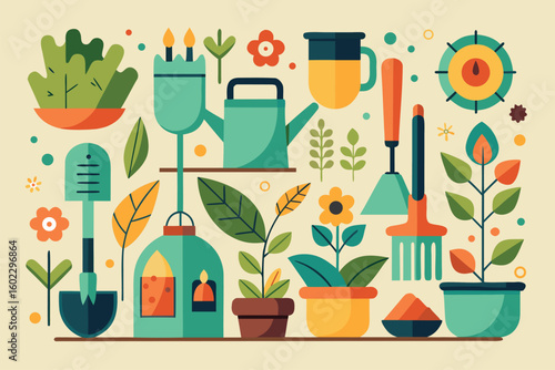 Colorful gardening tools and plants illustrated in a vibrant and whimsical style, showcasing elements of nature and cultivation in a pleasing arrangement