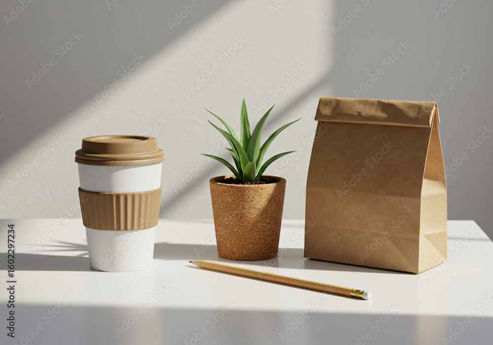 Reusable Cup Cork Pot Pencil Paper Bag on White Desk