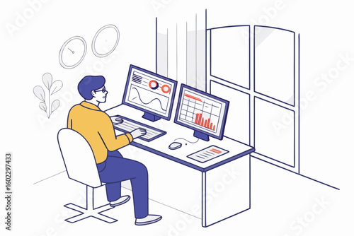 Professional working at a desk with dual monitors analyzing data and charts in a bright office environment during the day