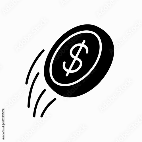 Tossing dollar coin icon with solid black and white fill representing bet and payout