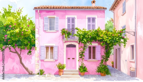 Pastel pink house in a sunny alleyway