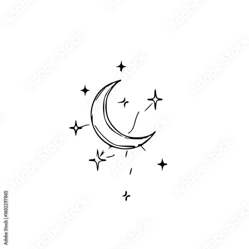 Minimalist line art of crescent moon and stars, hand-drawn in warm brown lines, with soft shimmering glow effect around the stars and moon