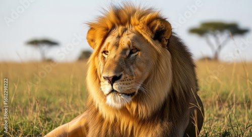 majestic male lion in african savanna