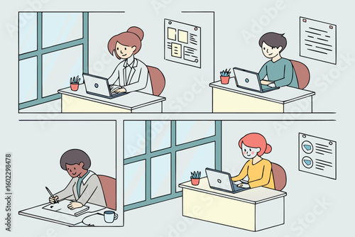 Creative workspace showcasing diverse professionals engaged in different tasks at a modern office setting during daylight