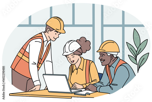 Construction team collaborating on project plans in a bright office setting during daylight hours