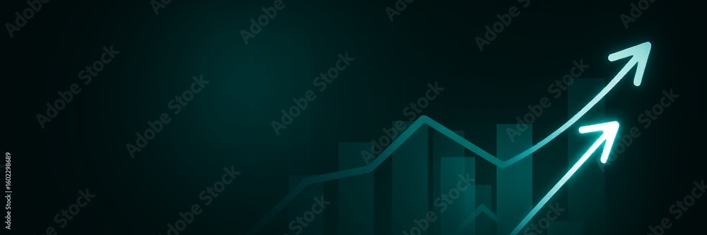 Fototapeta premium Teal arrows ascend over a dark background with glowing bar graph elements