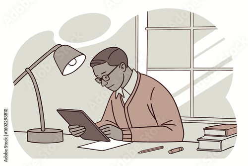Student studying at a desk with a tablet and books during evening hours in a cozy room filled with warm light