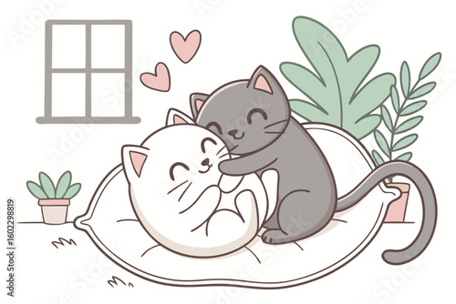 Two playful cats cuddling on a cozy pillow in a sunlit room adorned with potted plants and a window showcasing a clear day