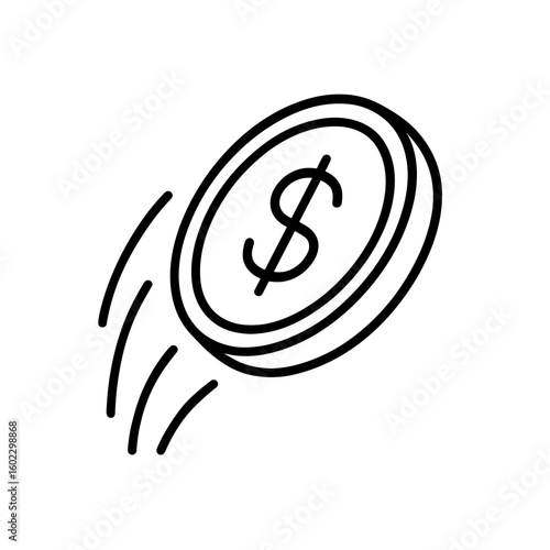 Tossing dollar coin icon in outline style black and white representing bet and payout