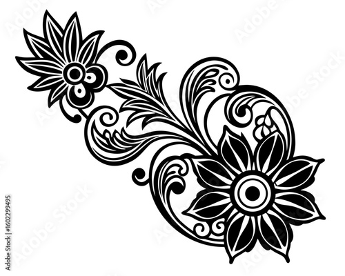 Elegant black floral ornament with intricate swirling leaves and petals, perfect for decorative designs.