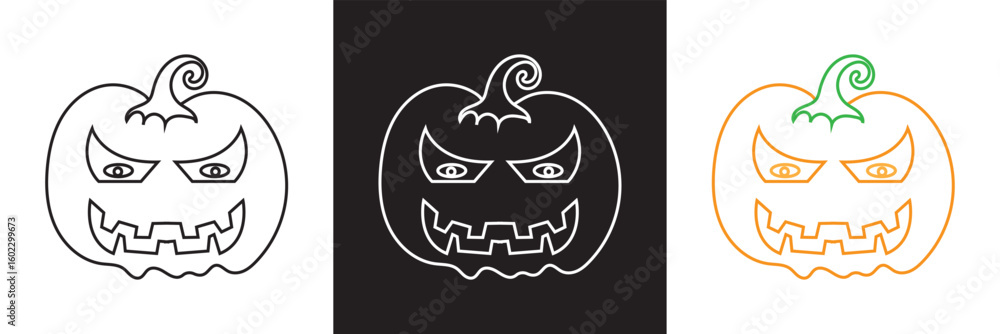 Obraz premium Cute and scary Happy Halloween pumpkins icon. Orange, white and black pumpkins with a creepy spooky Halloween smile icon. Vector for websites, mobile interfaces, presentations , logo etc. 