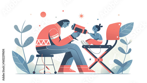 Flat vector illustration of man filming a girl with a camera, creative and warm mood, representing family memories and filming process, blue and coral background