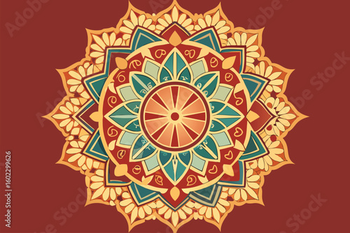 Intricate mandala design featuring vibrant colors and symmetrical patterns inspired by traditional art forms found in various cultures