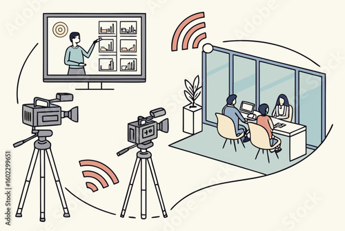 Virtual meeting setup with video cameras and presentation screens for remote collaboration in a modern office environment