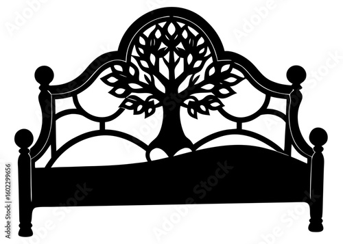 Elegant black bed frame with intricate tree design headboard, offering a touch of nature and artistry to any bedroom.