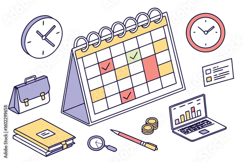 Visual representation of time management tools featuring a calendar, clocks, and a laptop set against an organized office background