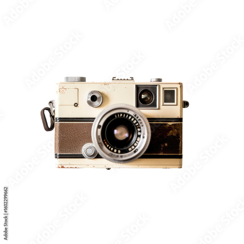 Vintage camera, antique, cream colored, brown stripes