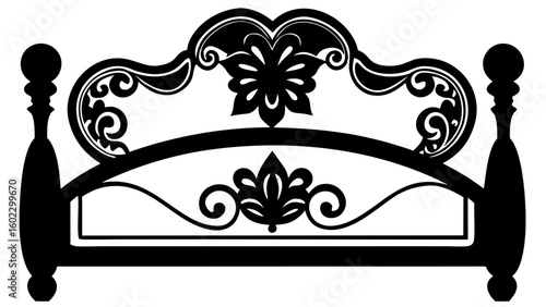 Elegant ornate black bed frame with intricate scrollwork and floral details, perfect for luxury bedroom designs