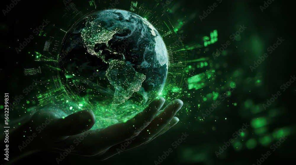 Obraz premium Digital earth globe held in hand with green glowing data and particles in a dark background
