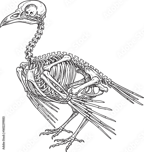 劇画風動物の骸骨素材：日本の漫画用白黒イラスト（鳥・文字・背景なし）