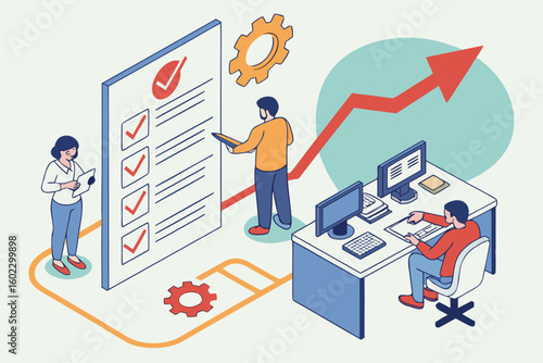 Team collaboration in a workspace focused on task completion and productivity with charts indicating growth
