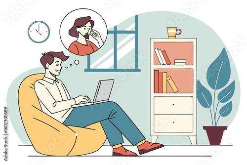Person working on a laptop in a cozy living room while thinking of a conversation with a friend, showcasing a relaxed atmosphere and creativity during the day