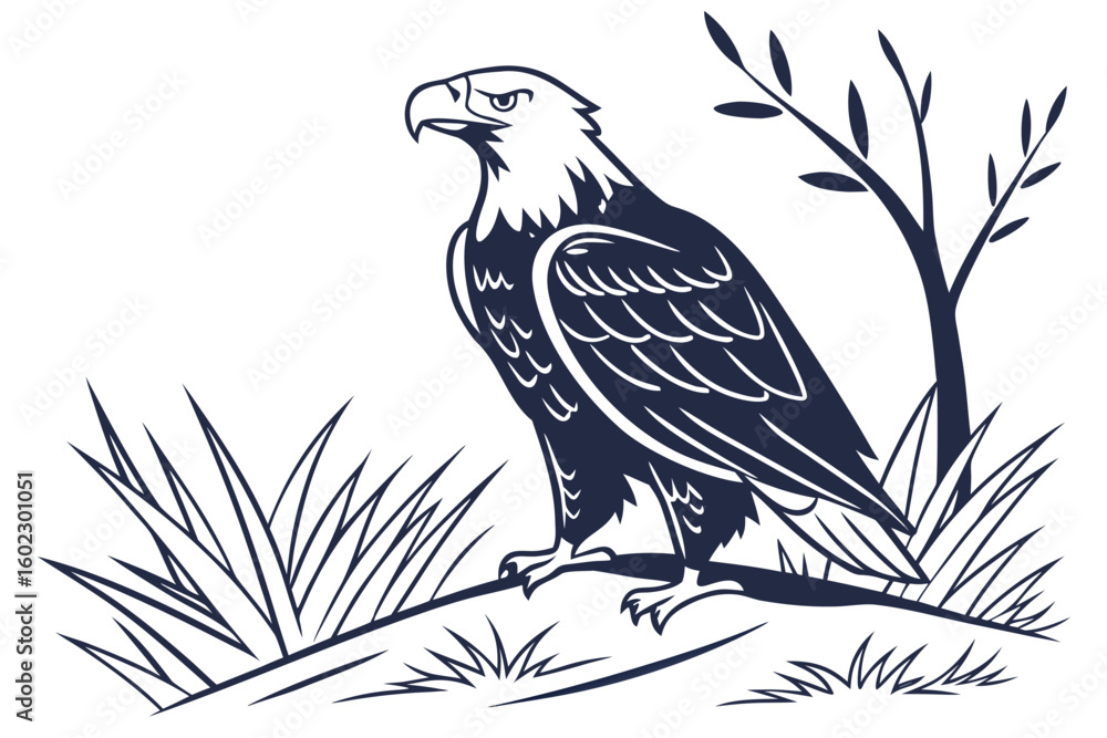 Fototapeta premium Majestic eagle perched on a rock surrounded by grass and plants in a natural setting during the day