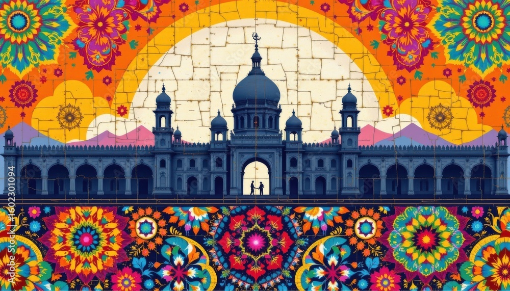 Obraz premium a cultural architectural lgbt pride background with indian palace silhouettes and pride inspired mandalas, in mosaic tiles forming pride themed patterns, used in cultural center pride invitations.