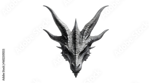 Isolated Dragon Head Icon with Sharp Horns and Fierce Expression in Thin Black Line Style on Transparent Background , Legendary Creature Vector Design

