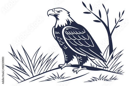 Majestic eagle perched on a rock surrounded by grass and plants in a natural setting during the day