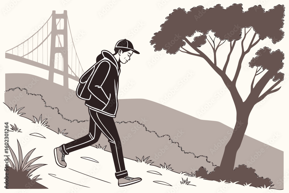Fototapeta premium Man walking along a path in nature with a view of the Golden Gate Bridge on a sunny day