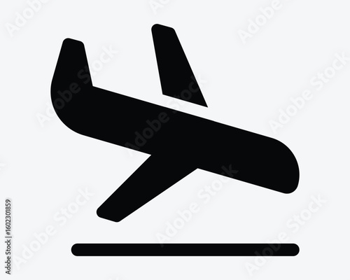 Plane Landing Arrival Airplane Areoplane Airport Air Travel Aircraft Take Off Land Touch Down Black White Icon Sign Symbol Vector Illustration Artwork