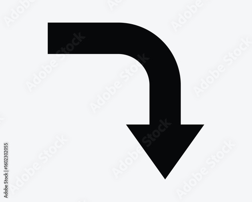 Right Turn Arrow Down Turning Downwards Direction Navigation Position Path Pathway Road Arrowhead Icon Sign Symbol Black White Illustration Graphic