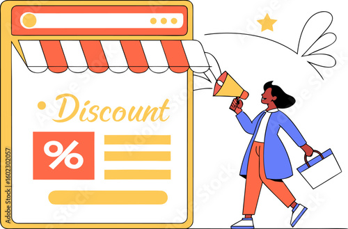 Woman with megaphone announces discount and shopping opportunities next to a stylized storefront displaying a percentage symbol